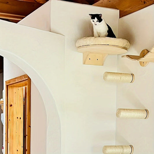 Wall-Mounted Cat Furniture with Wooden Ladder, Hammock & Scratching Post