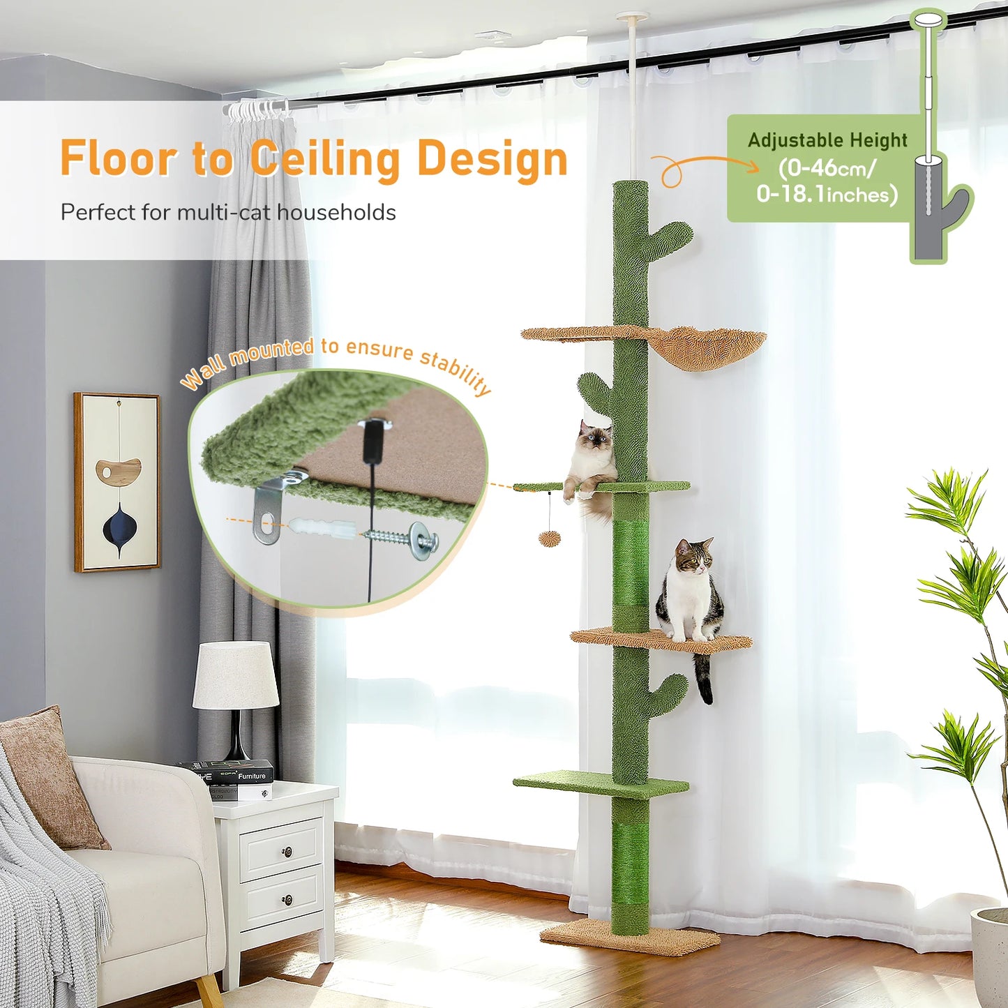 5-Tier Floor-to-Ceiling Cat Tower with Hammock & Toys