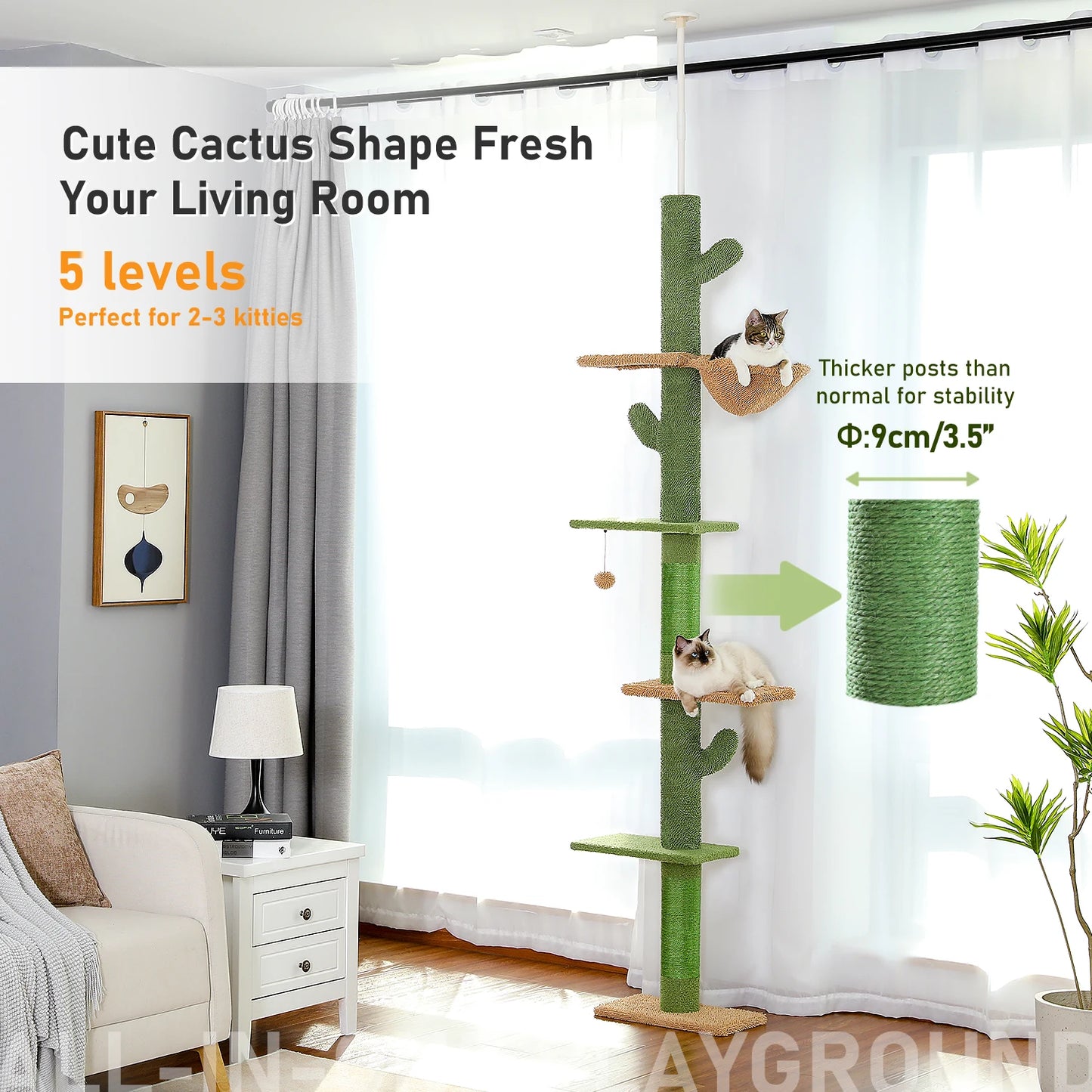 5-Tier Floor-to-Ceiling Cat Tower with Hammock & Toys