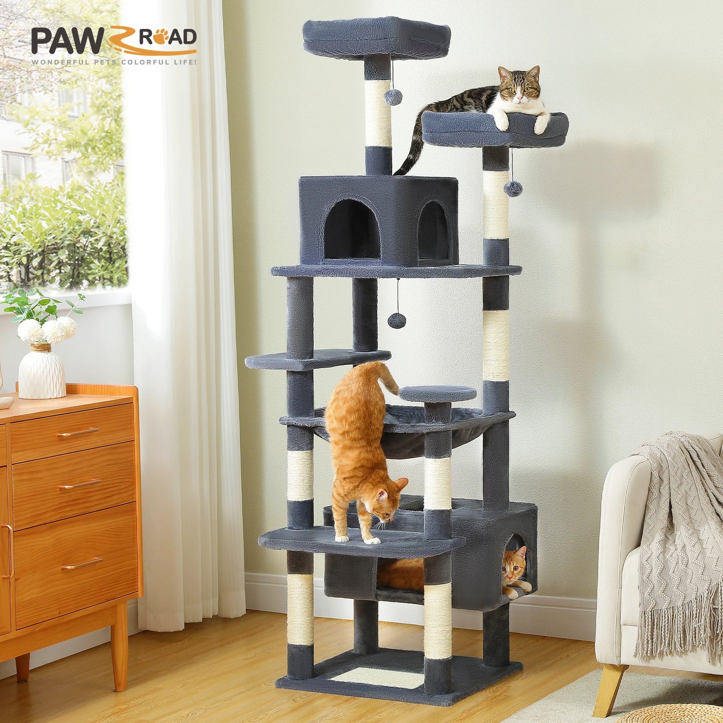 Large Cat Tree Tower with Hammock, Condos & Toys