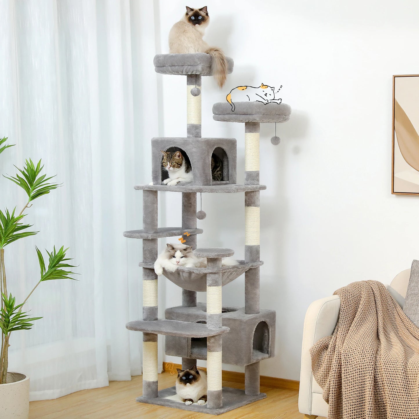 Large Cat Tree Tower with Hammock, Condos & Toys