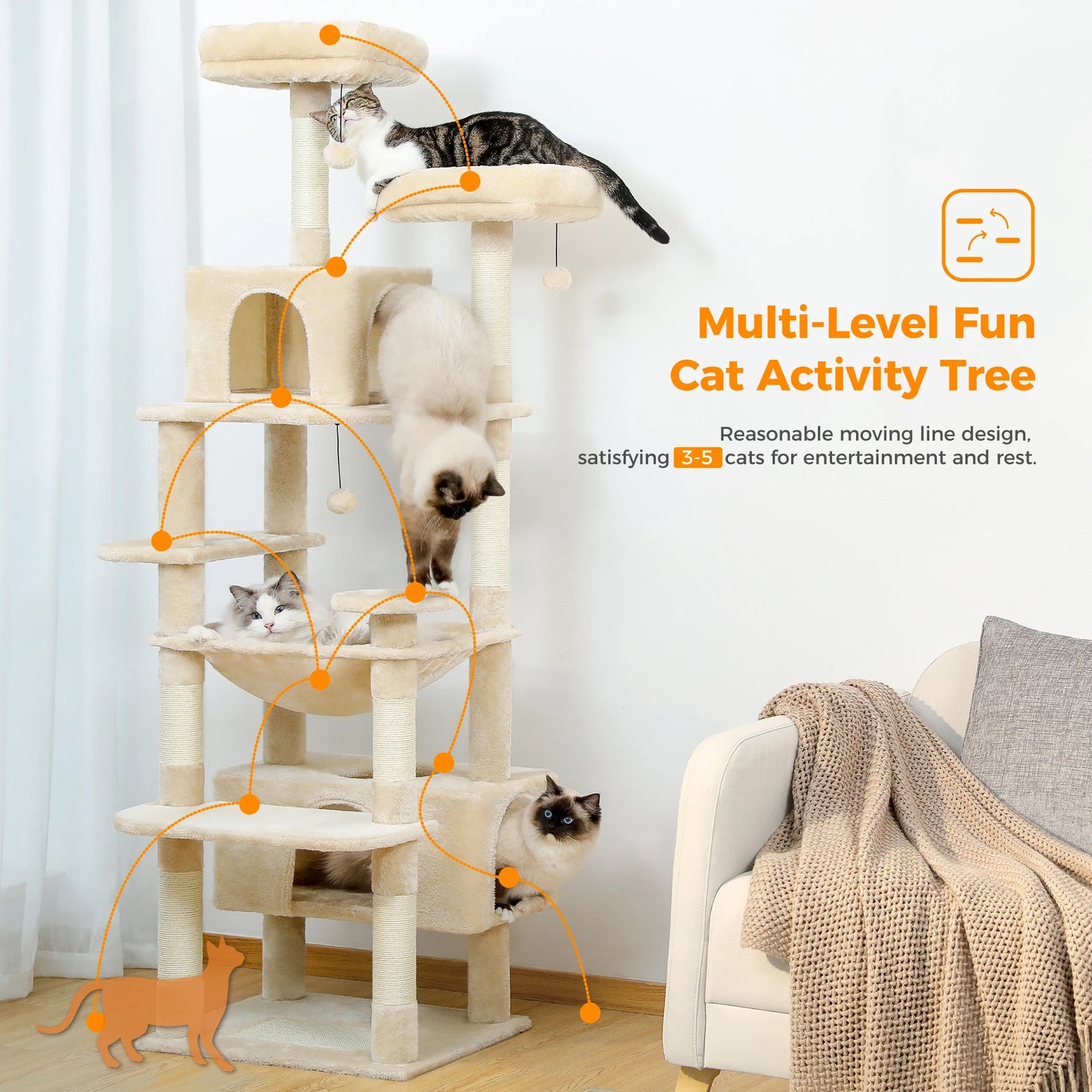 Large Cat Tree Tower with Hammock, Condos & Toys